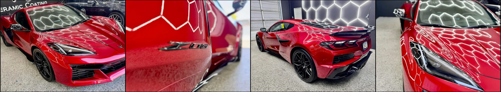 A collage of four pictures of a red sports car with Bob Moses ceramic coating, Sensha World Crystal Glow