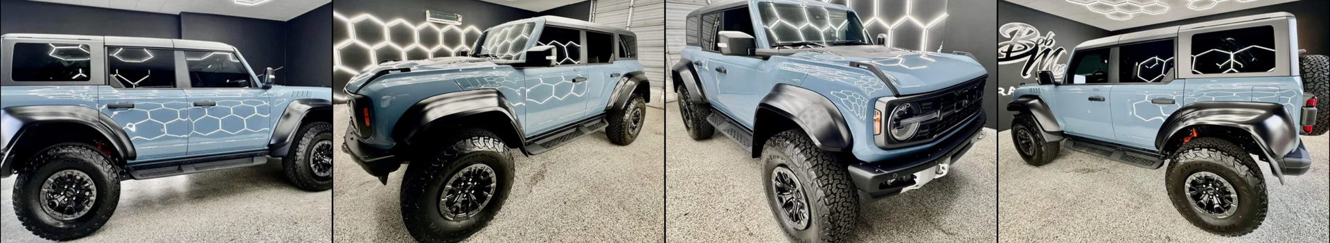 A row of blue jeep wranglers are parked in a garage with Bob Moses ceramic coating, Sensha World Crystal Glow