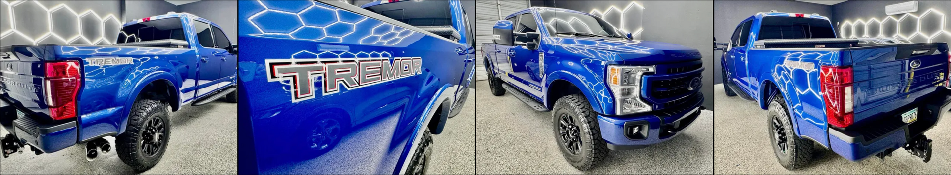 A collage of four pictures of a blue truck with Bob Moses ceramic coating, Sensha World Crystal Glow