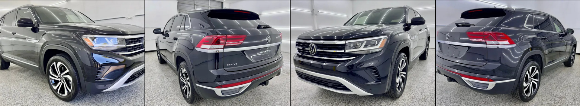 A collage of four pictures of a car in a showroom with Bob Moses ceramic coating, Sensha World Crystal Glow
