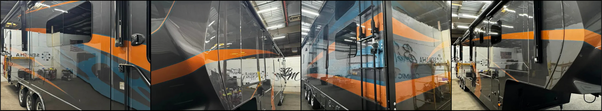 A collage of images of a train going down the tracks with Bob Moses ceramic coating, Sensha World Crystal Glow