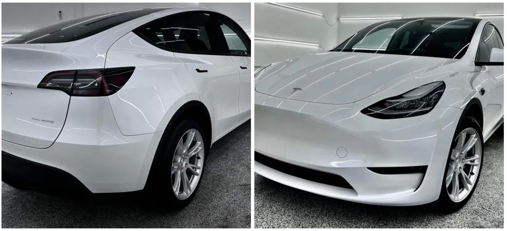 A white tesla model y is parked in a garage with Bob Moses ceramic coating, Sensha World Crystal Glow