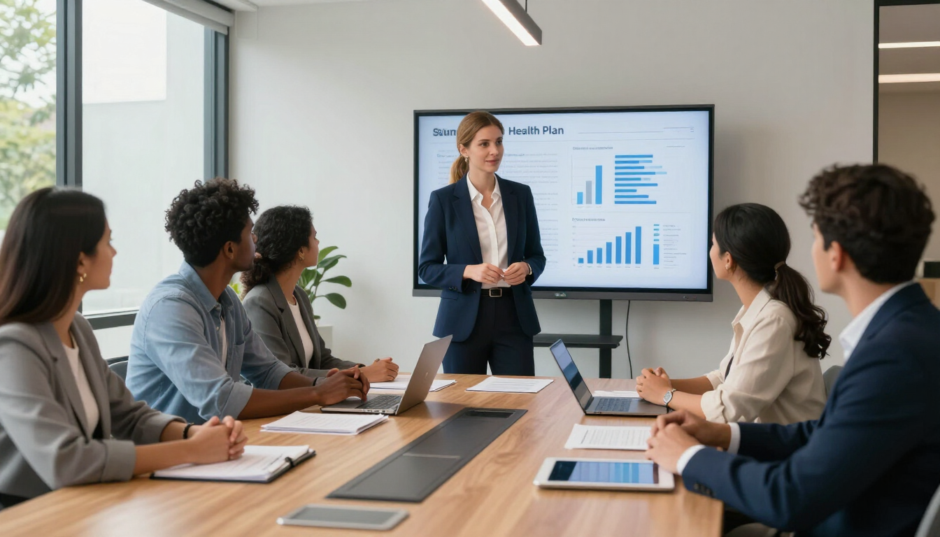 Consultora apresentando proposta de plano empresarial para empresa catarinense