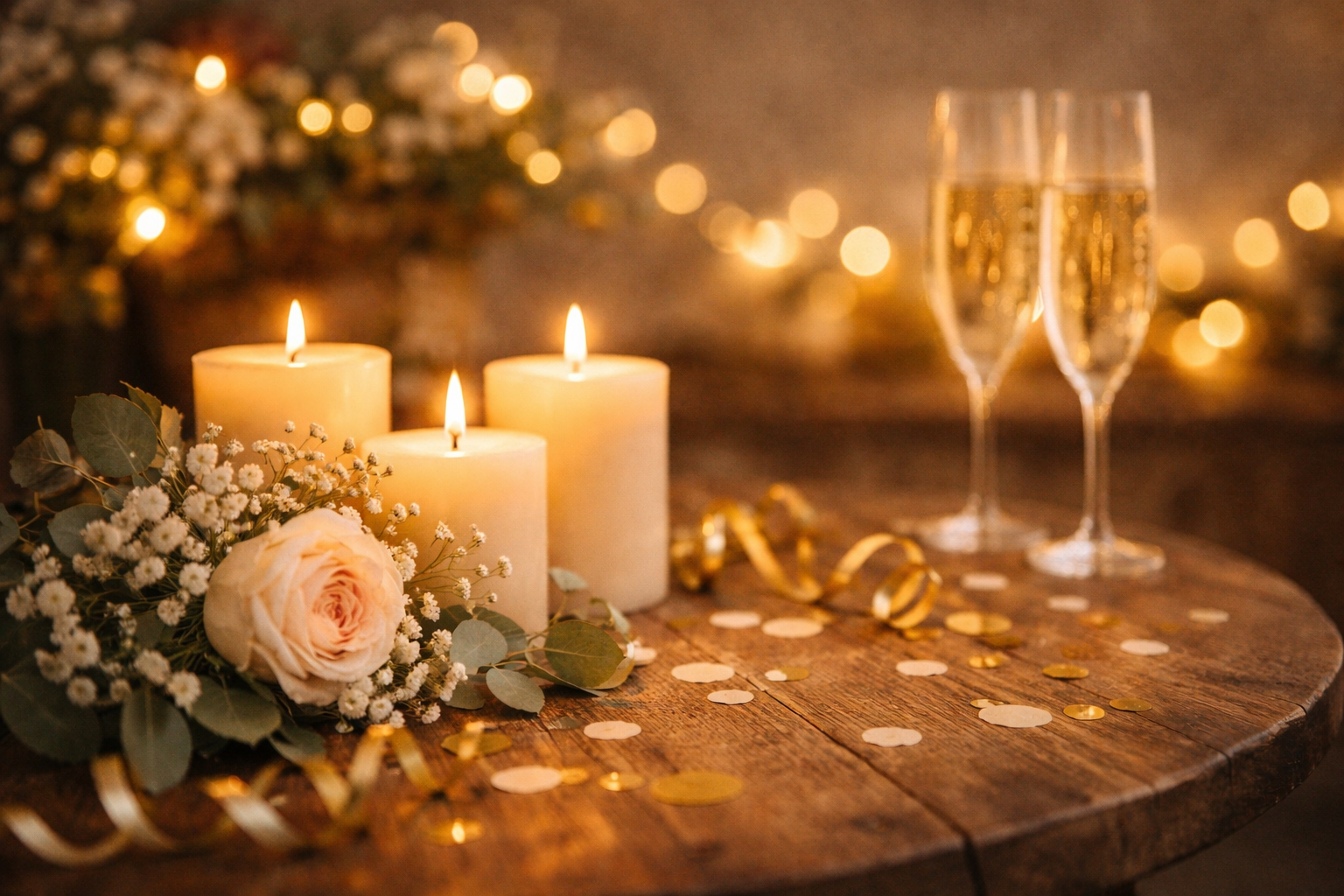 Drie brandende stompkaarsen, een enkele roos en twee champagneglazen op een houten tafel met zacht gouden bokeh-licht.