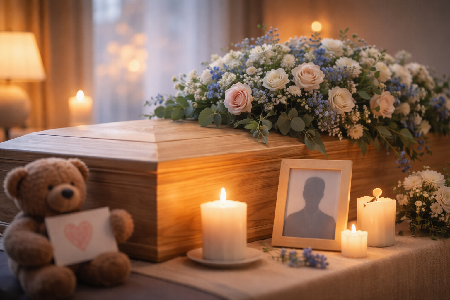 Een houten kist versierd met bloemen, kaarsen, een ingelijst silhouetportret en een teddybeer met een hartvormig briefje.