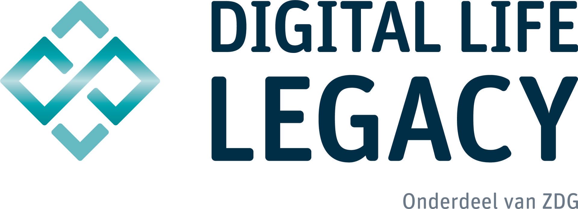 Logo voor Digital Life Legacy met een turquoise geometrisch pictogram aan de linkerkant en donkerblauwe tekst, die aangeeft dat het onderdeel is van ZDG.