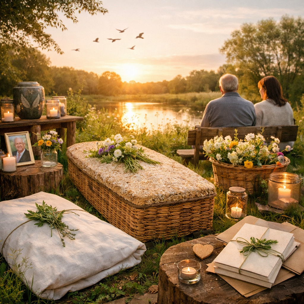 Een rieten doodskist, omringd door bloemen en kaarsen bij zonsondergang aan een meer, met twee mensen die in de verte op een bankje zitten.
