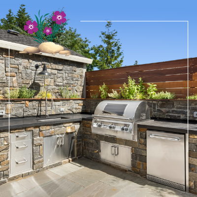an outdoor kitchen with a grill , sink , and dishwasher .