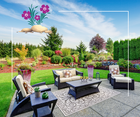 a patio with a couch , chairs , a table and a vase of flowers .