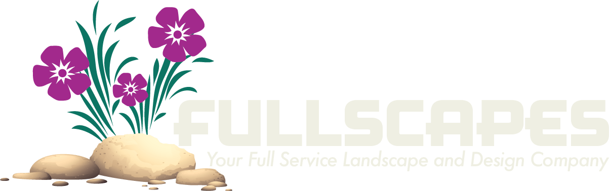 a logo for a company called fullscapes with purple flowers on a rock .