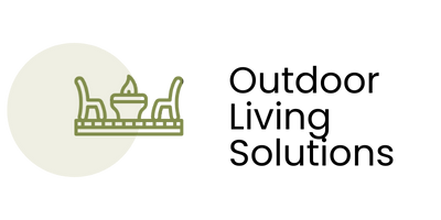 a logo for outdoor living solutions with an icon of a table and chairs .