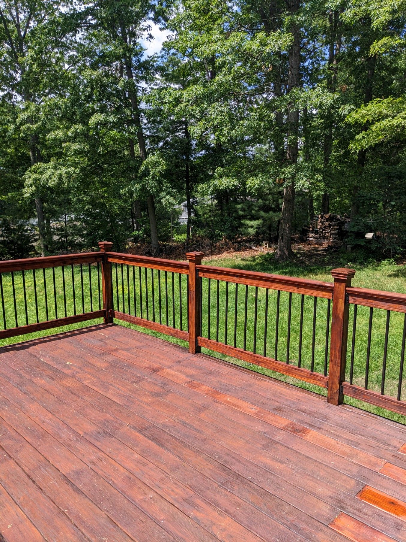 Wooden deck with red railing overlooking a green wooded backyard on a sunny day