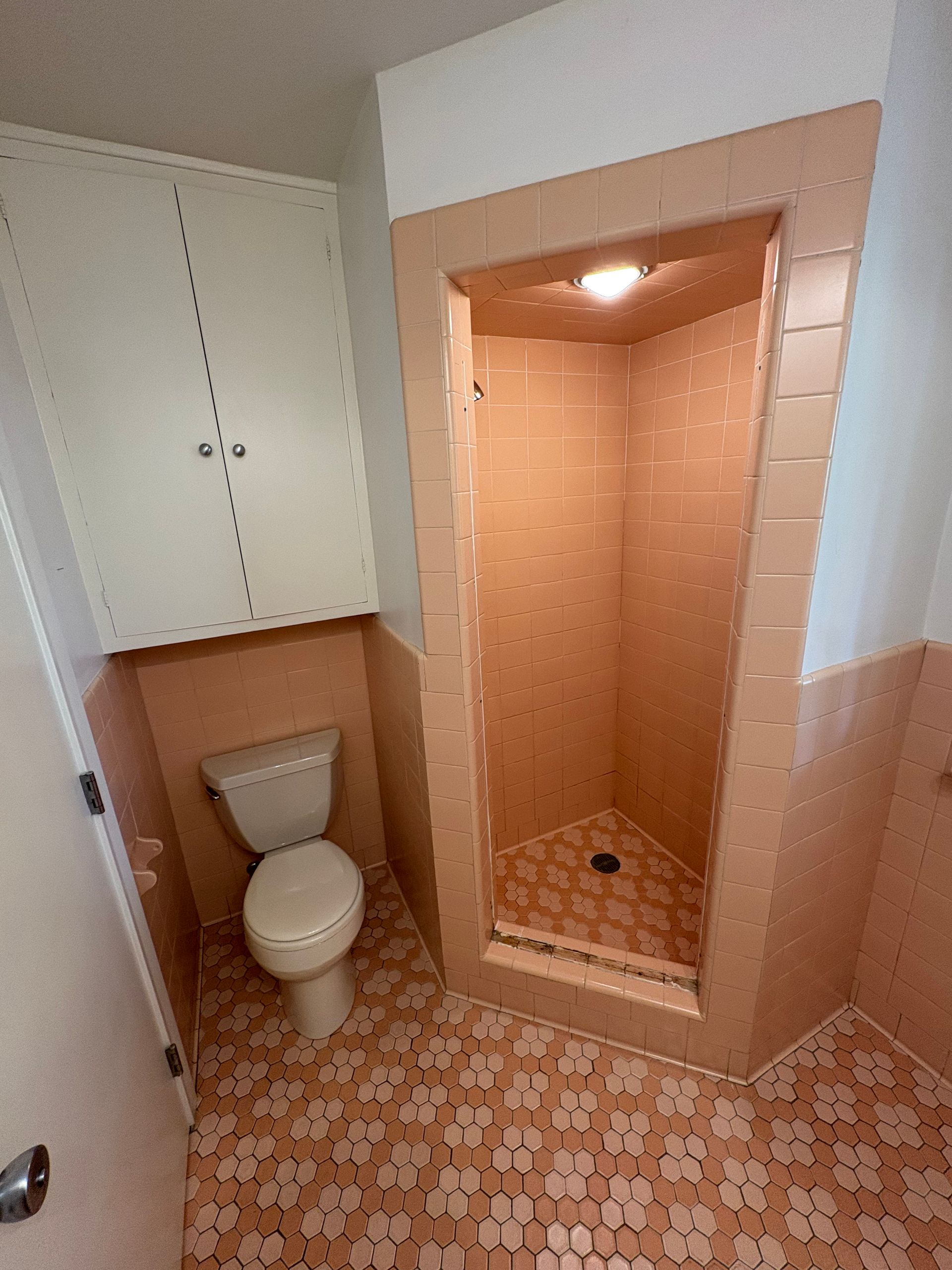 Small bathroom with a toilet and a tiled walk-in shower, peach walls, and patterned floor tiles.