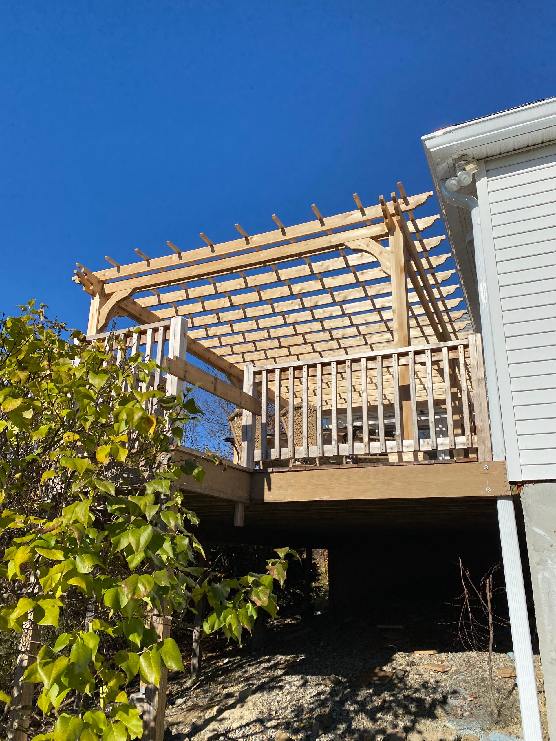 Backyard deck with wooden pergola framing against a clear blue sky, beside a house and tree foliage