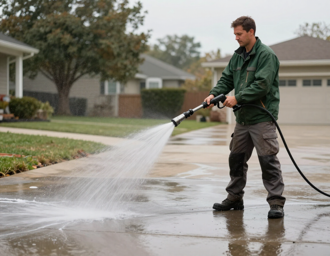 Crew member power washing a driveway