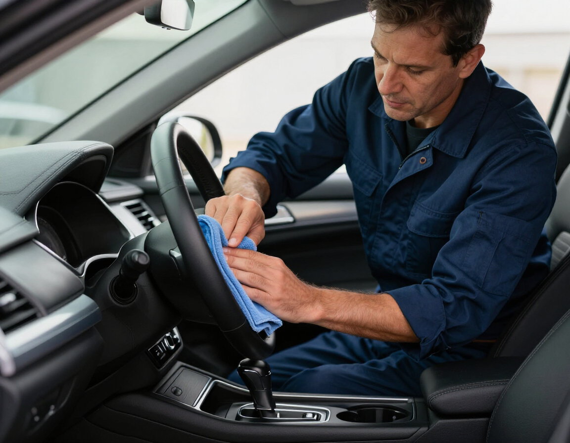 Crew member detailing a vehicle interior