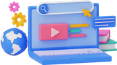 A 3d illustration of a laptop computer with a search bar on the screen.