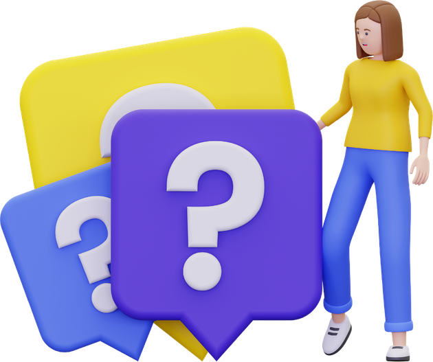 A woman in a yellow shirt is standing next to a purple question mark