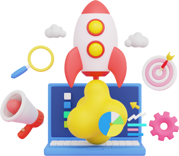 A 3d illustration of a rocket taking off from a laptop