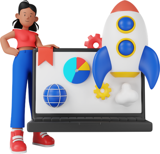 A woman is standing next to a laptop with a rocket on it