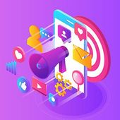 An isometric illustration of a cell phone with a megaphone and social media icons coming out of it.