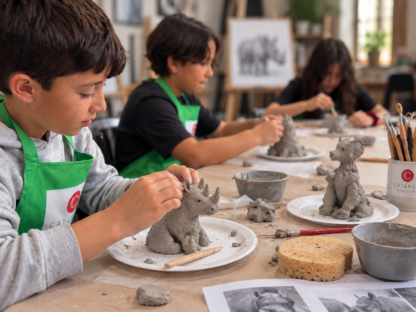 Children sculpting clay at a table in an art class