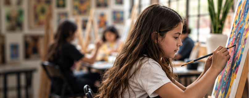 Child painting at an easel in a bright art studio, with other students blurred in the background