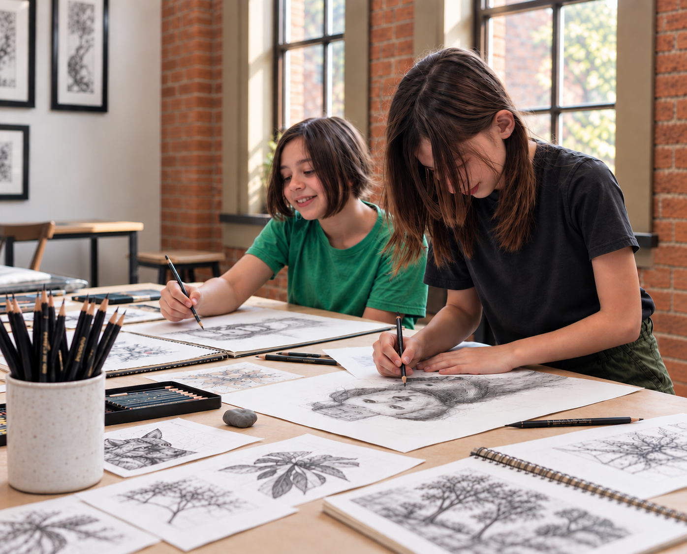 Two people drawing at a table covered with sketch papers in a bright studio