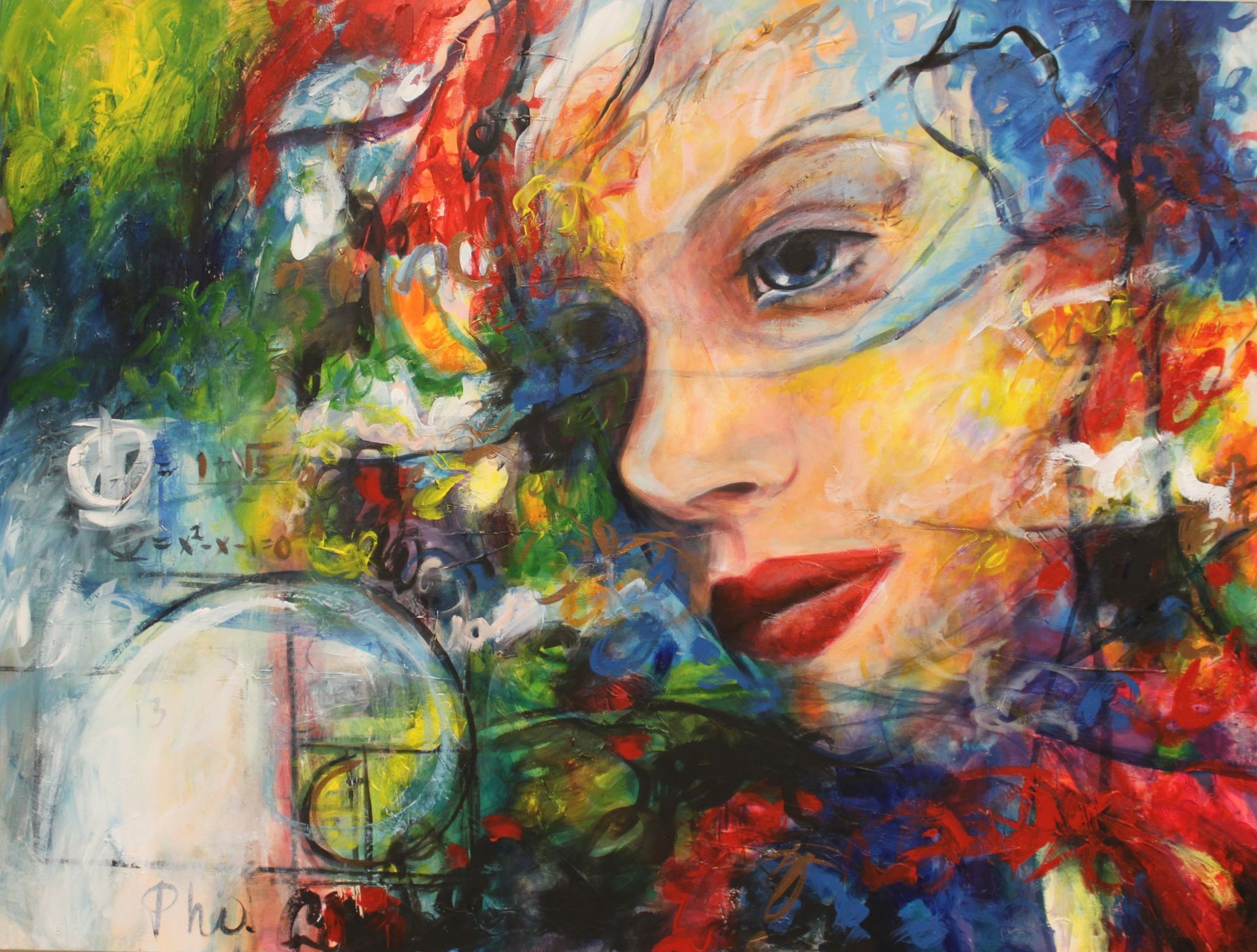 Abstract colorful portrait of a face with red lips and a single visible eye, layered with bright paint strokes