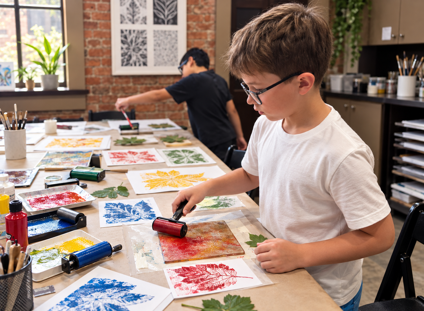 Boy printing colorful paint patterns on paper at a classroom art table