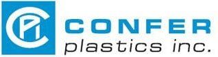 A blue and white logo for confer plastics inc.