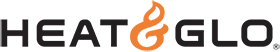 A logo for heat and glo with a flame in the middle