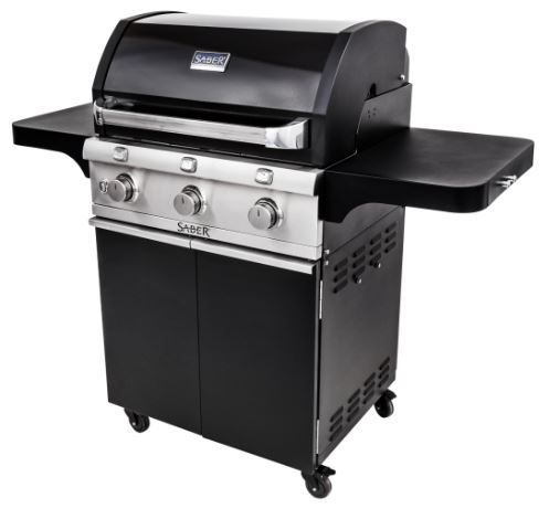 Black outdoor gas grill with side shelves and wheels on a white background