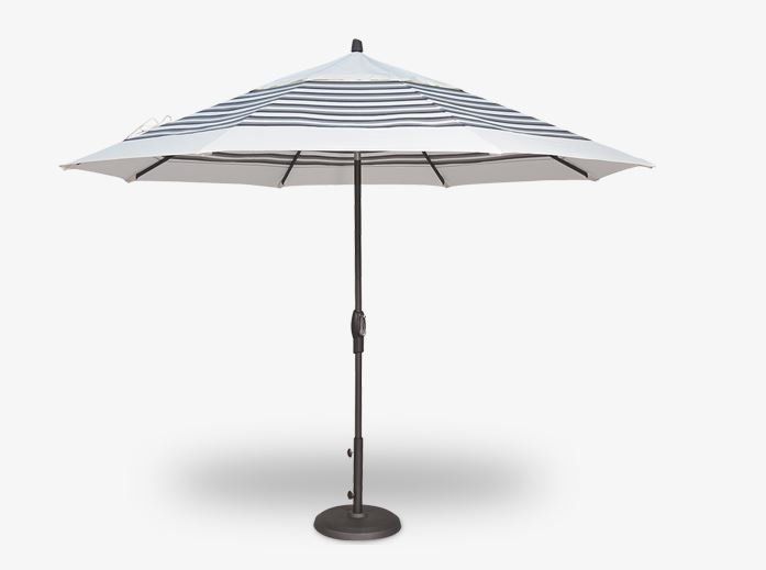 A white and blue striped patio umbrella on a white background.