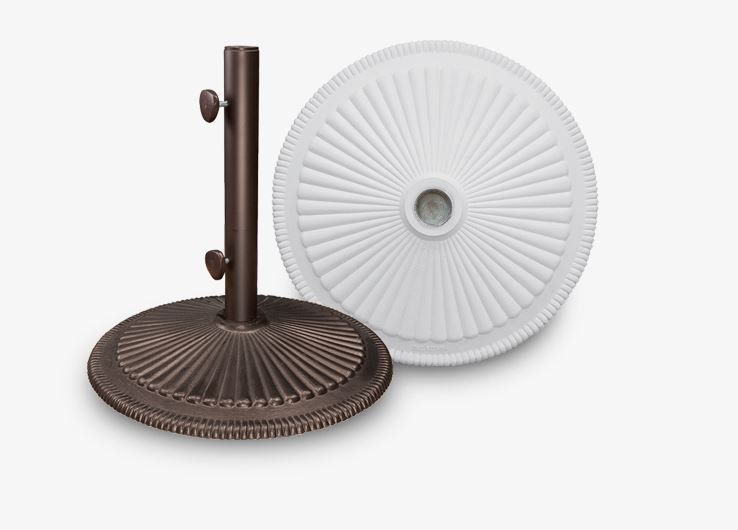 A brown umbrella stand and a white umbrella base on a white background