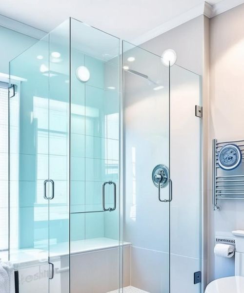 A bathroom with a walk in shower and a toilet