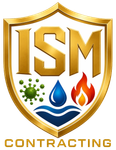 ISM Contracting shield logo with gold trim, green germ, blue water drop, and red flame icons