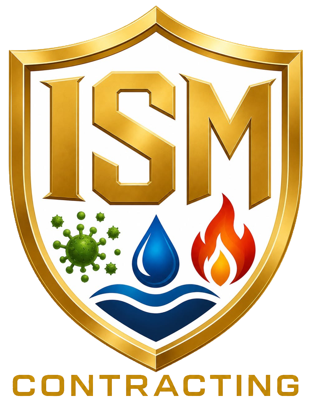 ISM Contracting shield logo with gold trim, green germ, blue water drop, and red flame icons