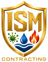 ISM Contracting shield logo with gold trim, green germ, blue water drop, and red flame icons