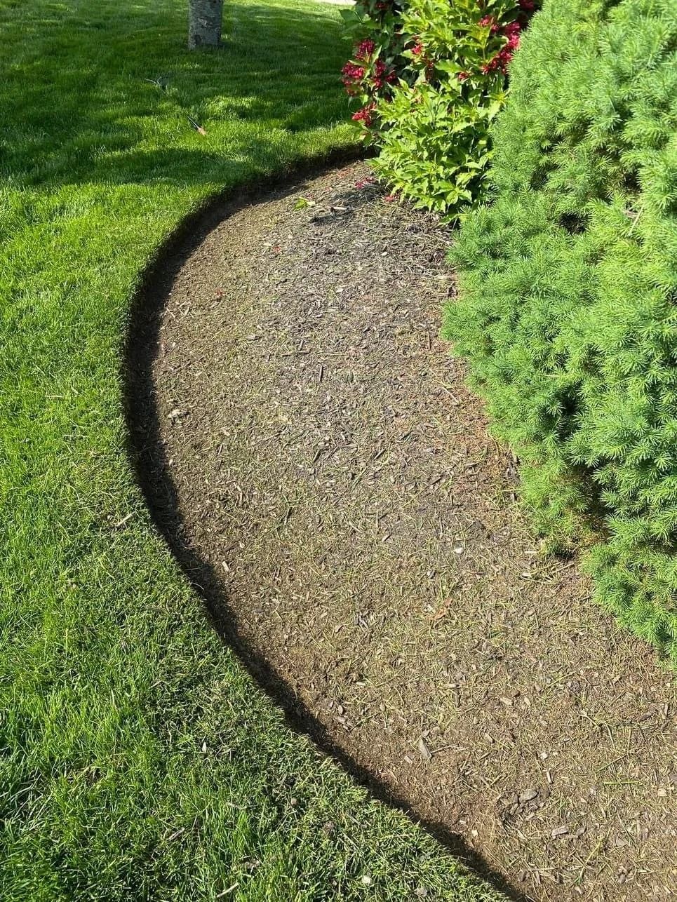 Curved gravel garden border between green lawn and shrubs, edged with dark stone.