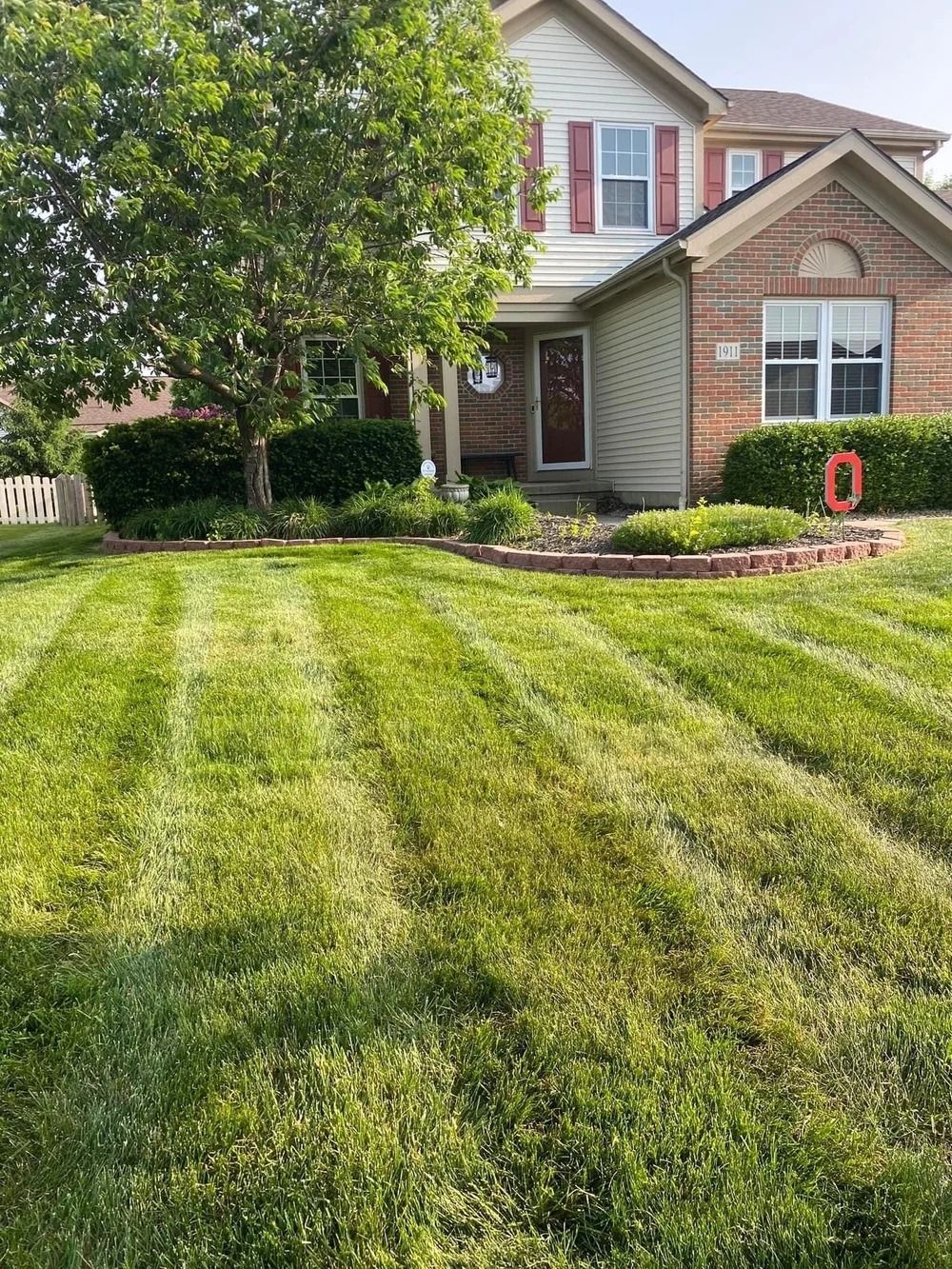 Suburban house with a freshly mowed green lawn and a tree in front