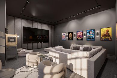 A living room with a couch , chairs , and a large flat screen tv.