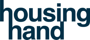 Blue “housing hand” logo text on a white background