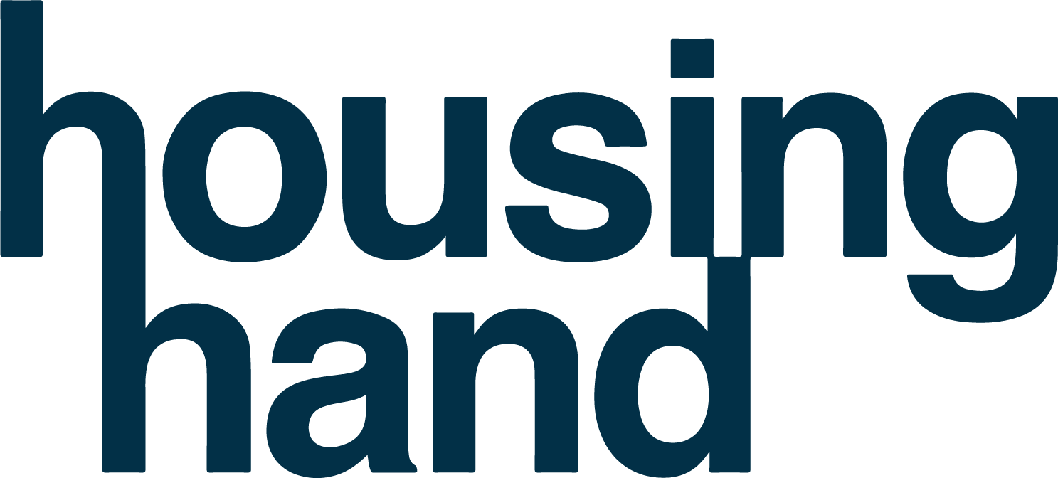 The logo for housing hand is blue and white on a white background.