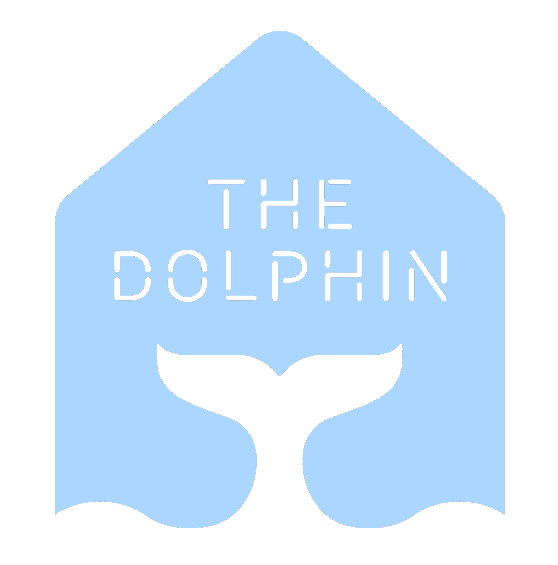 A blue house with a dolphin tail and the words the dolphin