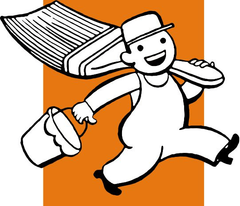 A cartoon of a man holding a paint bucket and a brush