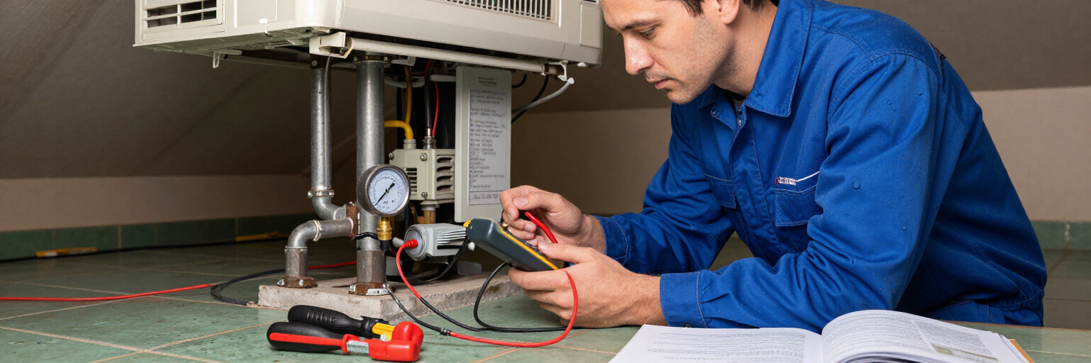Técnico con camisa azul utilizando herramientas para inspeccionar maquinaria con manómetro y cables en el suelo.