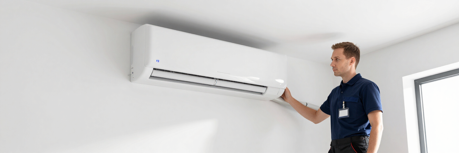 Técnico inspeccionando un aire acondicionado blanco montado en la pared en una habitación luminosa.