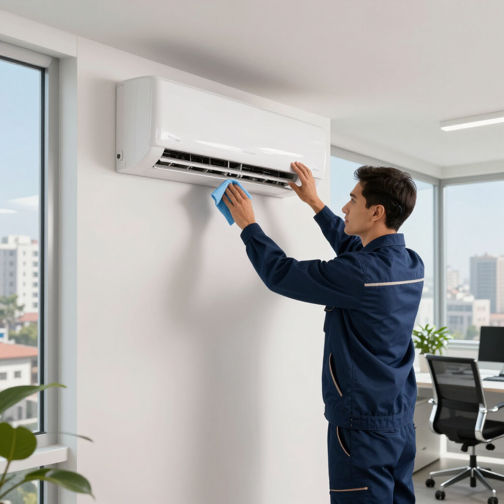 Técnico limpiando un aire acondicionado de pared en una oficina luminosa.