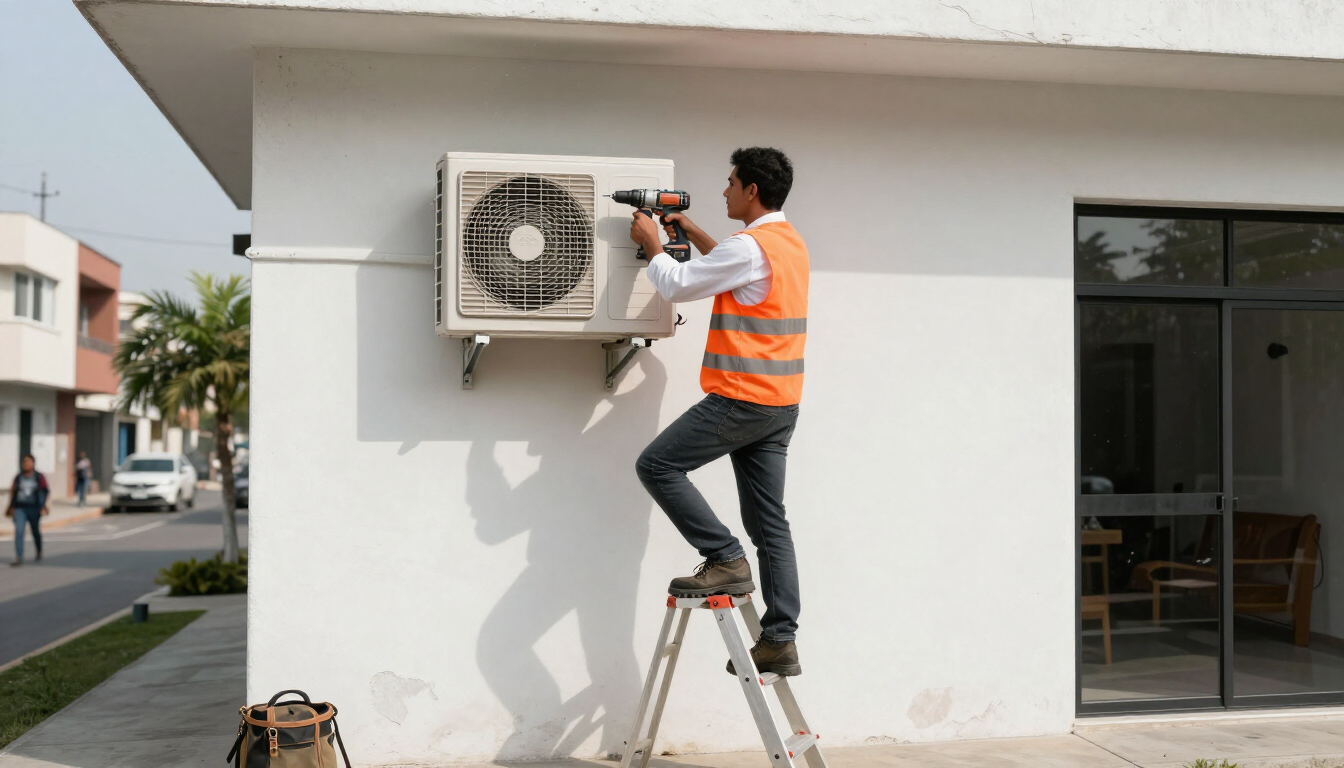 Técnico subido a una escalera realizando el mantenimiento de una unidad de aire acondicionado exterior en la pared.